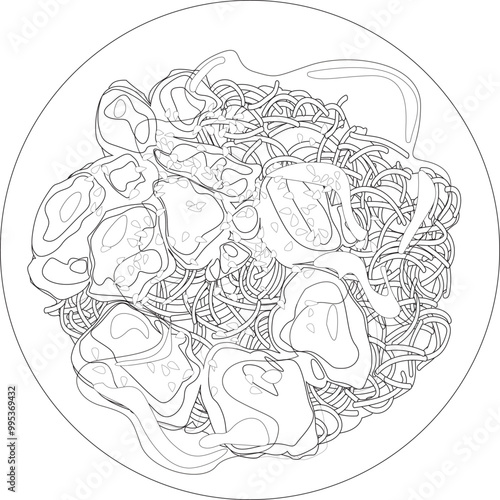 asian cuisine. rice with meat, chicken, vegetables. vector illustration, 
black and white image, lines, coloring