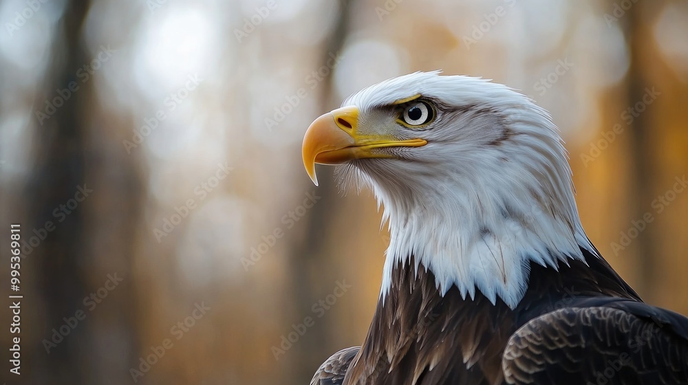 Fototapeta premium Bald Eagle Portrait - Close-up View of a Wild Bird with Sharp Eyes, Feathery Head, and Yellow Beak