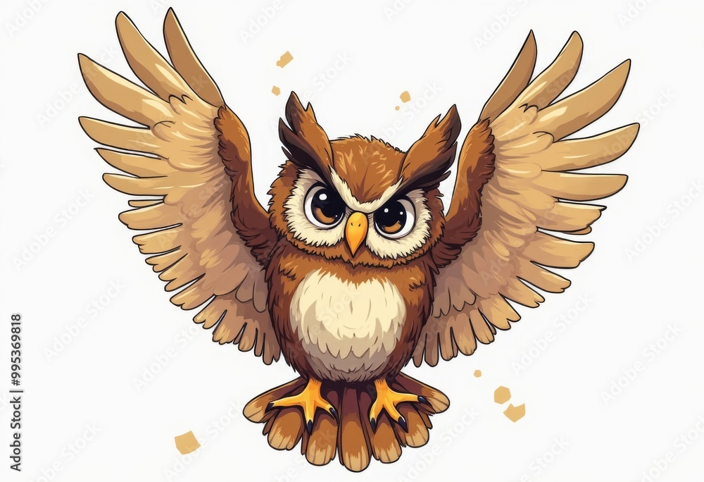 Obraz premium Cartoon owl with wings spread wide, angry expression, cute and fierce animal illustration, whimsical owl character