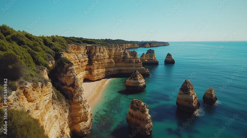 A beautiful natural landscape of majestic cliffs and emerald waters of the Algarve coast, Portugal. Aerial view. Summer, vacation, travel, tourism, relaxation, healing, rest, nature background. A beautiful natural landscape of majestic cliffs and emerald waters of the Algarve coast, Portugal. Aerial view. Summer, vacation, travel, tourism, relaxation, healing, rest, nature background.