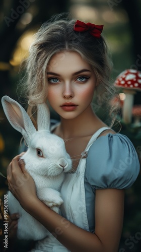 Female model, dressed like Alice from Alice in wonderland, holding a white rabbit. Wearing a blue dress and white apron. In mystical forest surrounded by giant mushrooms. Fairytale. Magical. Whimsical