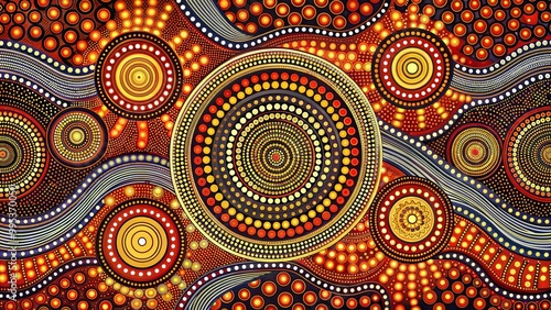 Colorful Aboriginal Dot Art with Radiating Patterns and Circular Geometry