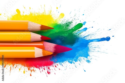 Three pencils are on a white background. The pencils are yellow, red, and blue. graphics design in a white background photo