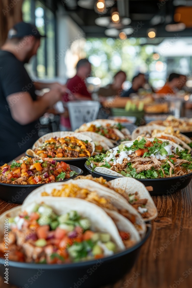A team enjoying a taco bar lunch, building their own tacos with a variety of toppings and fillings, Generative AI A team enjoying a taco bar lunch, building their own tacos with a variety of toppings and fillings, Generative AI
