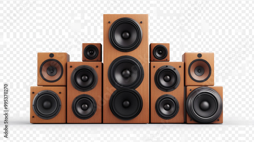 A collection of wooden speakers arranged in a dynamic layout showcasing audio equipment design