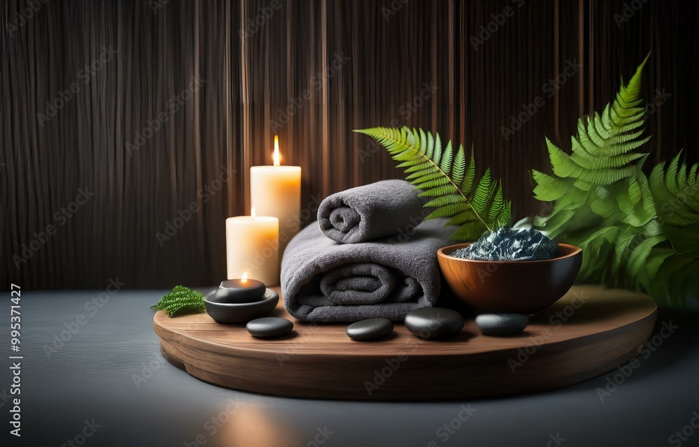 A spa setting with lit candles, a bowl with dark stones, rolled towels, black stones and a fern plant on a wooden tray. A spa setting with lit candles, a bowl with dark stones, rolled towels, black stones and a fern plant on a wooden tray.
