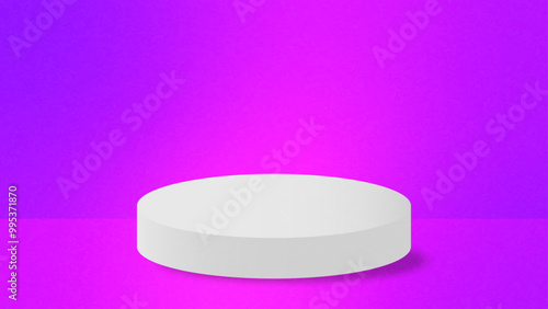 Realistic white cylinder pedestal podium on purple pink gradient background. Vector rendering geometric forms design. Minimal scene. shadow. Stage showcase, Mockup product display.