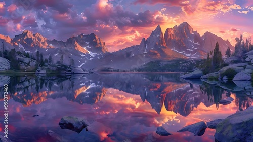 A stunning landscape featuring mountains and a reflective lake at sunset.