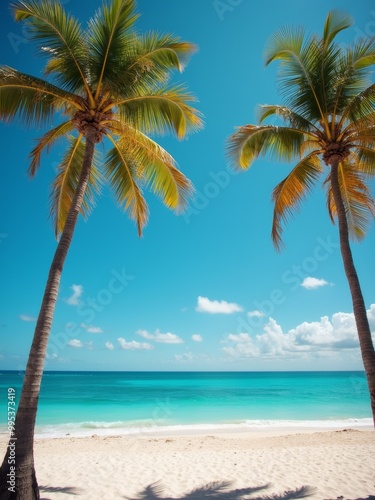 Tropical beach with palm trees and turquoise ocean, sunny day with clear blue sky, idyllic vacation paradise, relaxing coastal scene