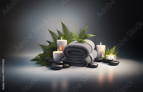 A rolled towel with fern leaves on a gray background, with three white candles and four smooth black stones. photo