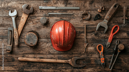 A collection of tools and a red hard hat photo