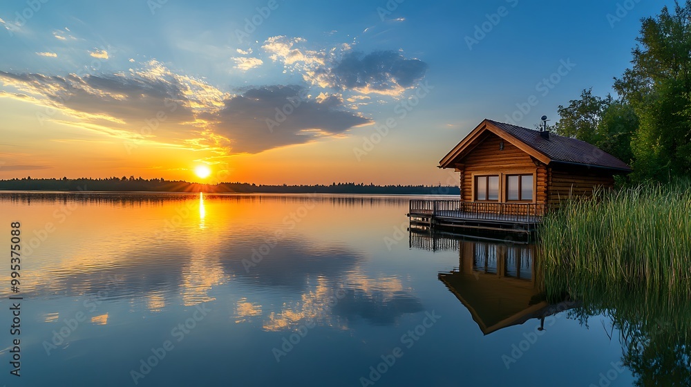 55. A cozy fishing cabin on a lake at sunset with reflections on the water 55. A cozy fishing cabin on a lake at sunset with reflections on the water
