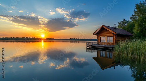 55. A cozy fishing cabin on a lake at sunset with reflections on the water