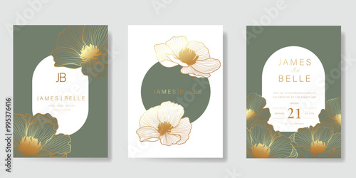 Luxury wedding invitation card vector template. Green background with gold line art, flower, leaves branches, foliage. Design illustration for vip cover, poster, rsvp modern card.