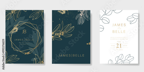 Luxury wedding invitation card vector template. Green background with gold line art, flower, leaves branches, foliage. Design illustration for vip cover, poster, rsvp modern card.