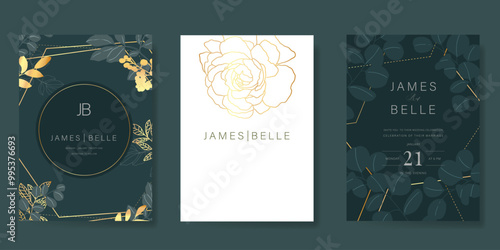 Luxury wedding invitation card vector template. Green background with gold line art, flower, leaves branches, foliage. Design illustration for vip cover, poster, rsvp modern card.