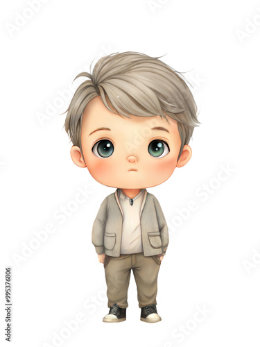 Charming cartoon boy with stylish hair and a thoughtful expression on a white background