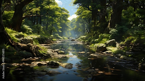 A serene river flows through a lush forest, reflecting sunlight and nature's tranquility.