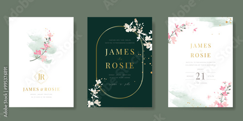 Luxury wedding invitation card vector template. Green background with gold line art, flower, leaves branches, foliage, watercolor texture. Design illustration for vip cover, poster, rsvp modern card.