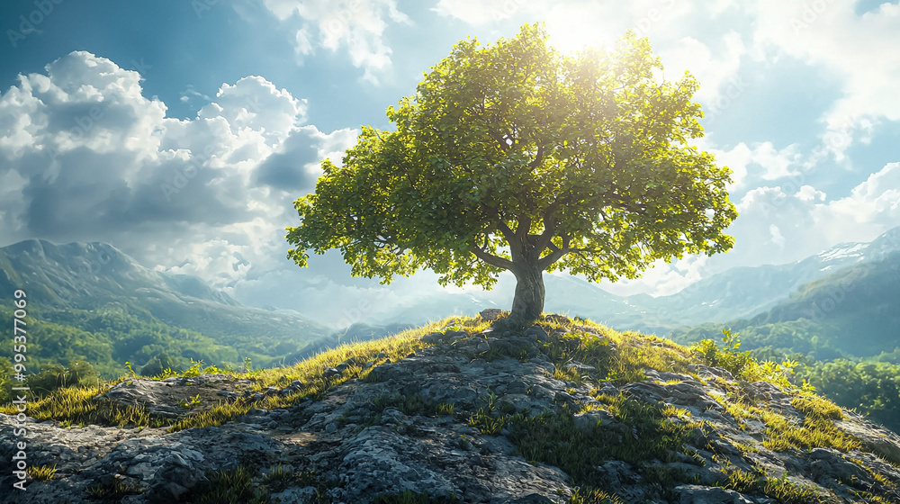 A tree is standing on a rocky hillside, with the sun shining on it A tree is standing on a rocky hillside, with the sun shining on it