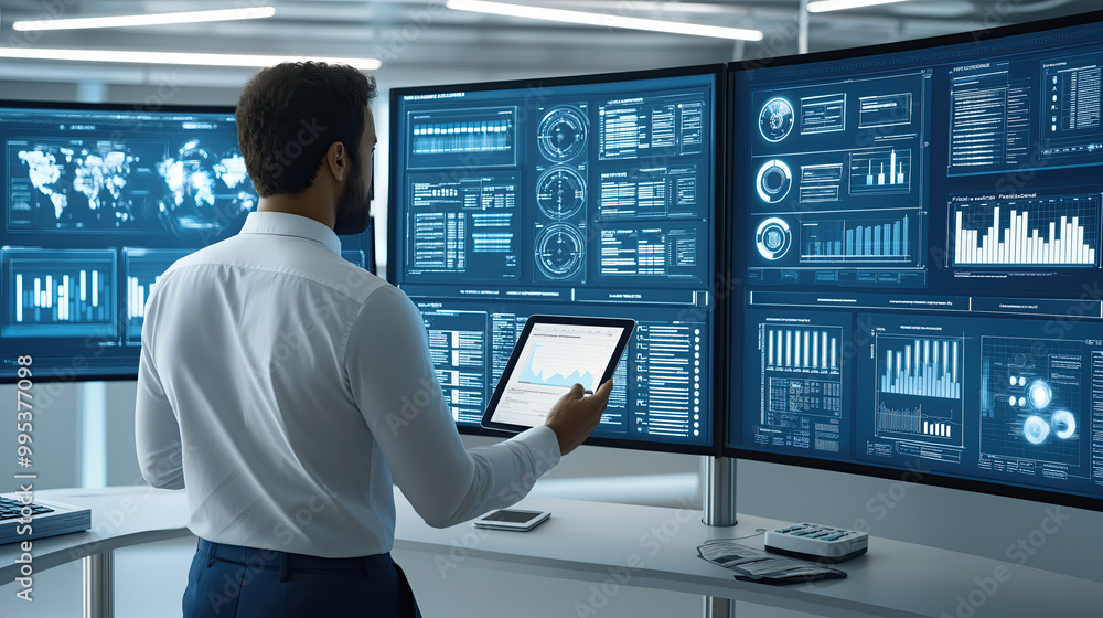 Businessman manages 3D data from a tablet, his hands touching the futuristic screen to emphasize his direct interaction with the digital world. Businessman manages 3D data from a tablet, his hands touching the futuristic screen to emphasize his direct interaction with the digital world.
