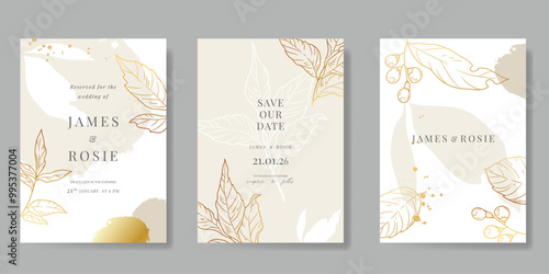 Luxury wedding invitation card vector template. Beige background with gold line art, flower, leaves branches, foliage. Design illustration for vip cover, poster, rsvp modern card.