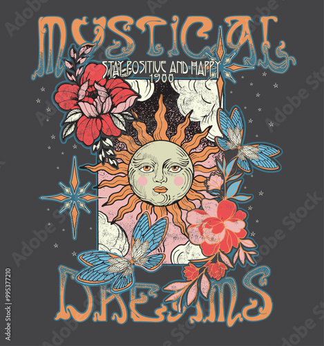 MYSTICAL DREAMS.Retro 70's psychedelic hippie element illustration print with groovy slogan for man - woman graphic tee t shirt or sticker poster - Vector