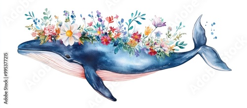 Hand drawn watercolor illustration of a big blue whale adorned with flowers on a white background Surreal artistic poster design photo