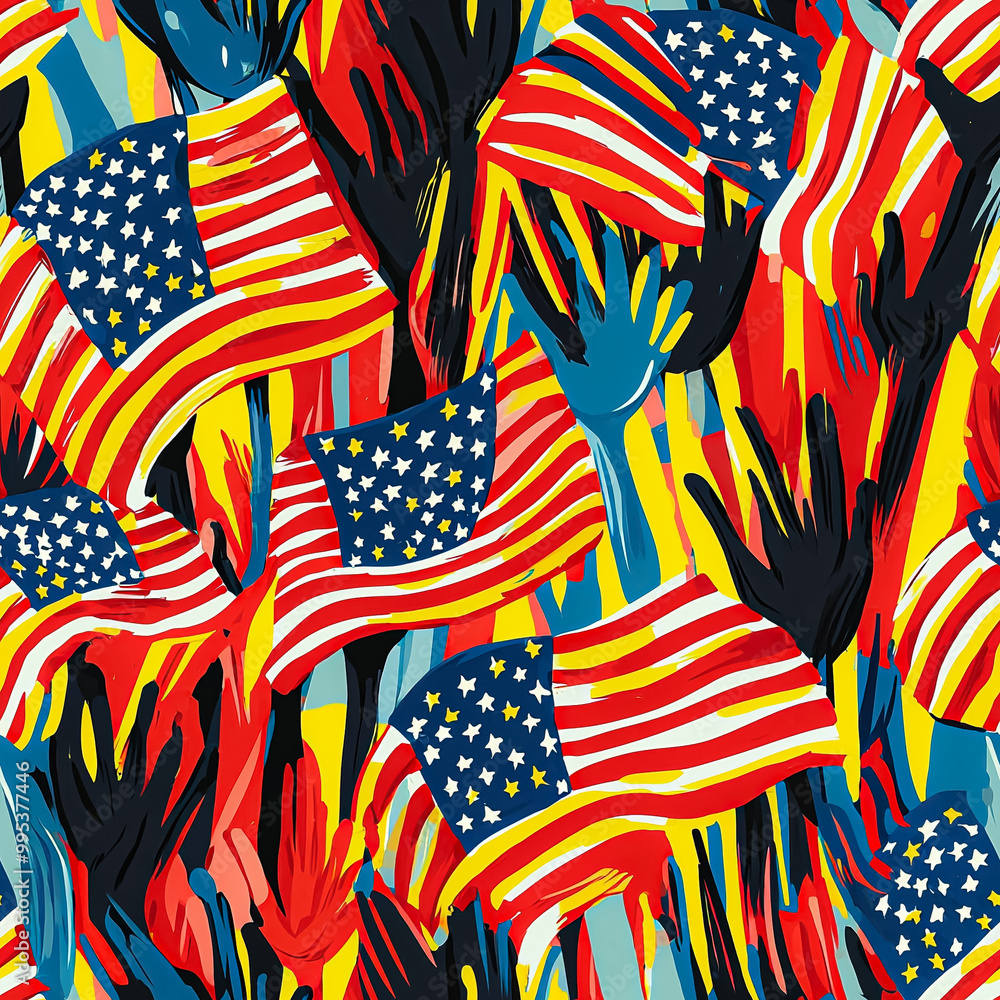 A colorful painting of American flags with hands painted on them A colorful painting of American flags with hands painted on them