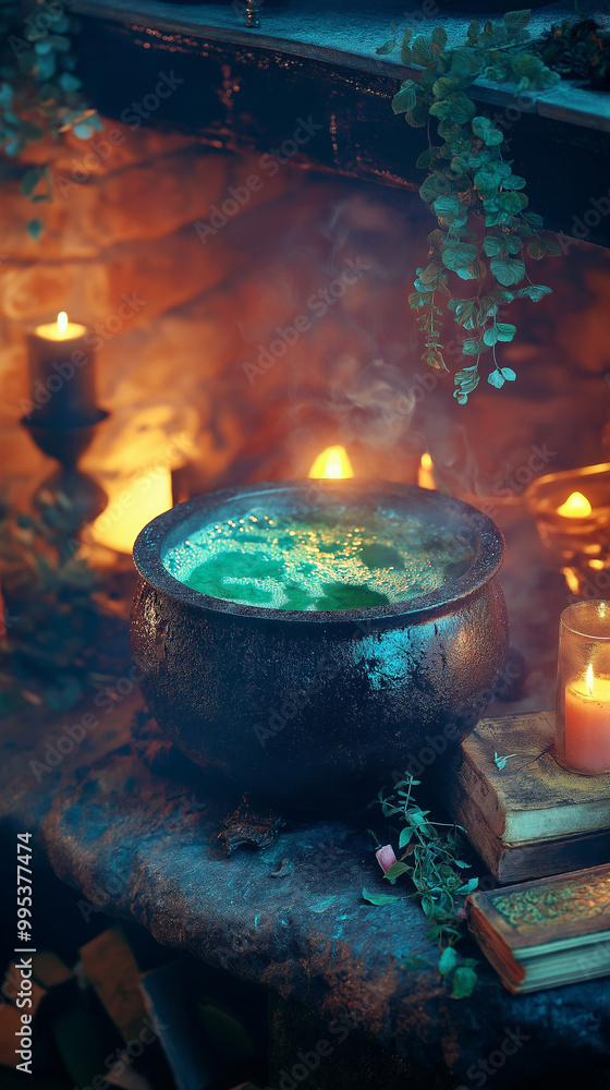 Witch's cauldron with green potion, mystical Halloween setting Witch's cauldron with green potion, mystical Halloween setting