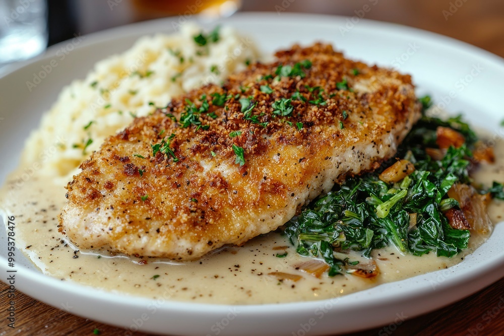 Pan-Seared Fish with Creamy Sauce, Mashed Potatoes, and Saut?ed Greens Pan-Seared Fish with Creamy Sauce, Mashed Potatoes, and Saut?ed Greens