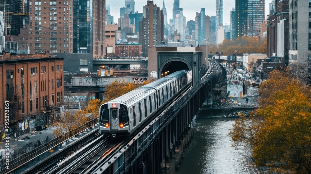 Fototapeta premium subway rides over the bridge