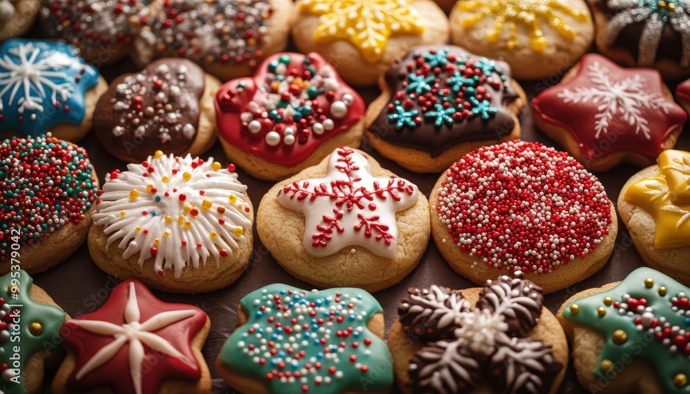 Deliciously decorated Christmas cookies in various shapes and colors, perfect for holiday celebrations and festive gatherings. Deliciously decorated Christmas cookies in various shapes and colors, perfect for holiday celebrations and festive gatherings.
