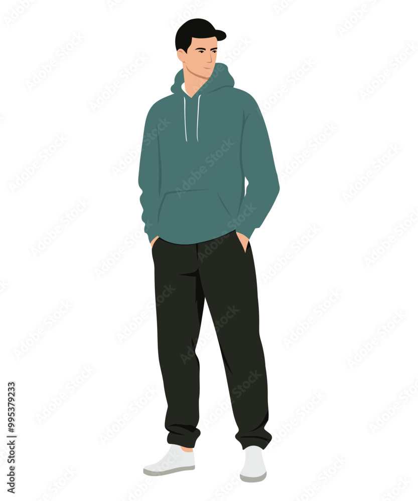 Vector illustration of a man in a dark green sweater and brown pants, emphasizing natural shades and a comfortable style for walking. Vector illustration of a man in a dark green sweater and brown pants, emphasizing natural shades and a comfortable style for walking.