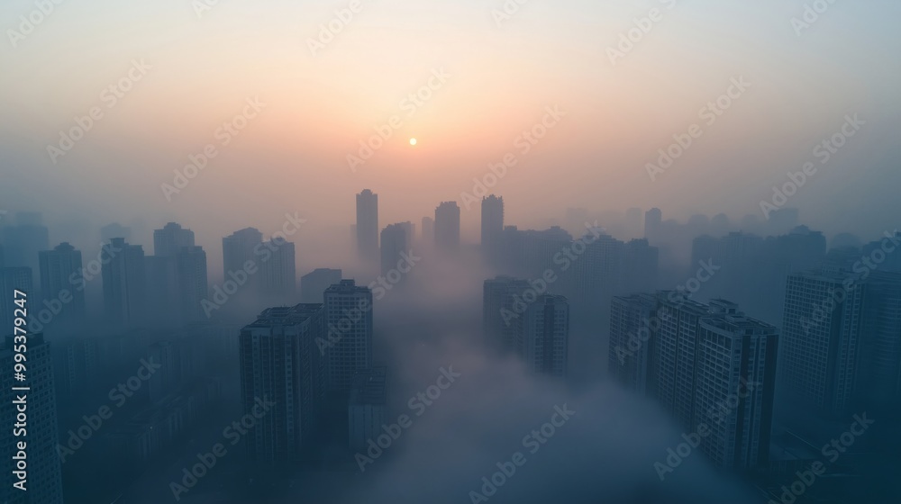 A serene cityscape at dawn, with skyscrapers peeking through a mystical fog and a soft sunrise illuminating the skyline. A serene cityscape at dawn, with skyscrapers peeking through a mystical fog and a soft sunrise illuminating the skyline.