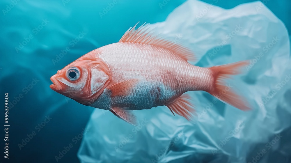 Naklejka premium A vibrant fish swimming gracefully through a sea of plastic, highlighting the impact of pollution on marine life.