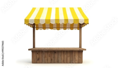 Yellow and white striped market stall isolated on a white background