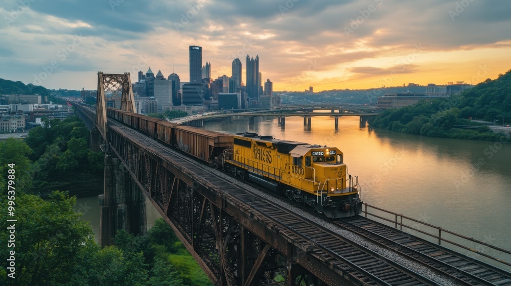 Fototapeta premium the train rides over the bridge
