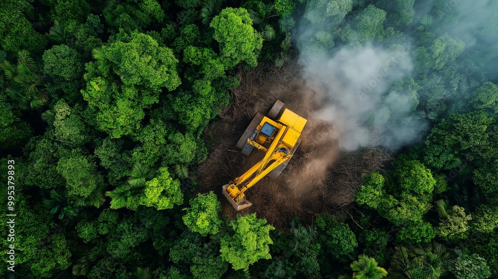 Aerial view of a bulldozer clearing forest land, surrounded by lush greenery and forming clouds of dust and smoke. Aerial view of a bulldozer clearing forest land, surrounded by lush greenery and forming clouds of dust and smoke.