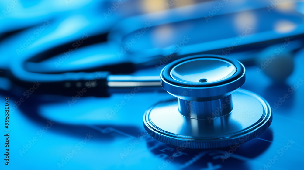 Close-up of a one stethoscope on a blue background. Modern healthcare, digital health, medical technology, healthcare information technology background. Close-up of a one stethoscope on a blue background. Modern healthcare, digital health, medical technology, healthcare information technology background.