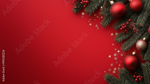 Wallpaper Mural Christmas decoration background with green pine needles, red beads, and gold stars on a red background. Copy space. flat lay, top view. Torontodigital.ca