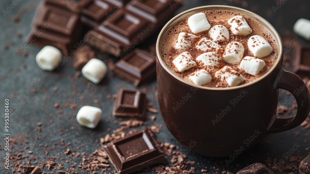 Warm and cozy hot chocolate topped with fluffy marshmallows and surrounded by chocolate pieces, perfect for seasonal indulgence. Warm and cozy hot chocolate topped with fluffy marshmallows and surrounded by chocolate pieces, perfect for seasonal indulgence.