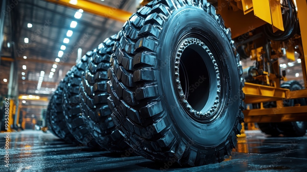 Fototapeta premium A close-up view of heavy-duty tires displayed in a factory, highlighting their rugged texture and durable design.