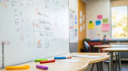 A classroom whiteboard with math equations and notes written in colorful markers.