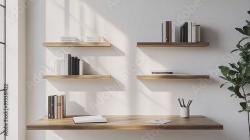 minimalist white wall with wooden shelves and books in home office setting