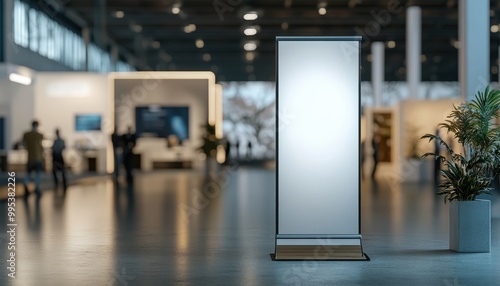 A modern exhibition space featuring a blank roll-up banner, with attendees in the background engaged in discussions.