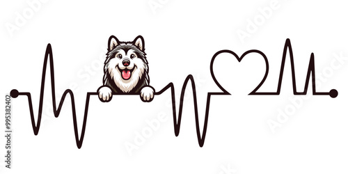 Heartbeat line with Alaskan Malamute Dog Peeking, Dog and Heartbeat frequency with Heart Love Vector illustration
