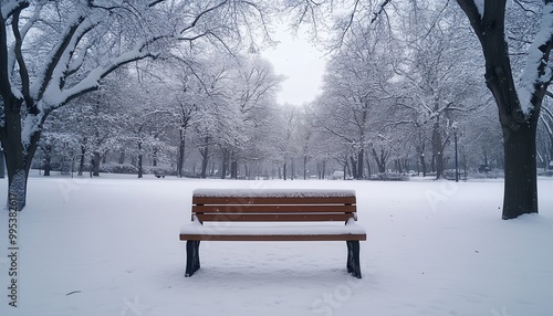 A serene winter park scene featuring a snow-covered bench amidst frosty trees, creating a peaceful, tranquil atmosphere.