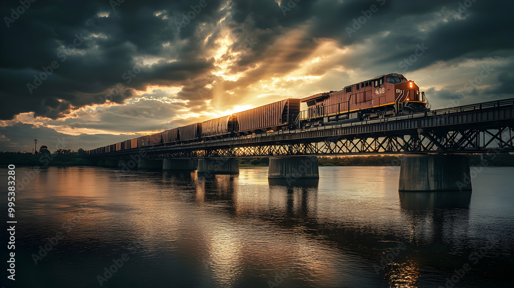 A train crosses a bridge at sunset, reflecting on the water. Dramatic clouds enhance the serene yet powerful atmosphere of the scene. A train crosses a bridge at sunset, reflecting on the water. Dramatic clouds enhance the serene yet powerful atmosphere of the scene.