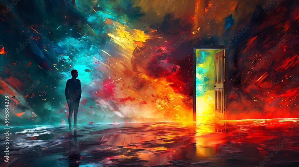 Abstract Illustration of a Figure Standing Before a Doorway with a Bright Orange and Blue Background Abstract Illustration of a Figure Standing Before a Doorway with a Bright Orange and Blue Background